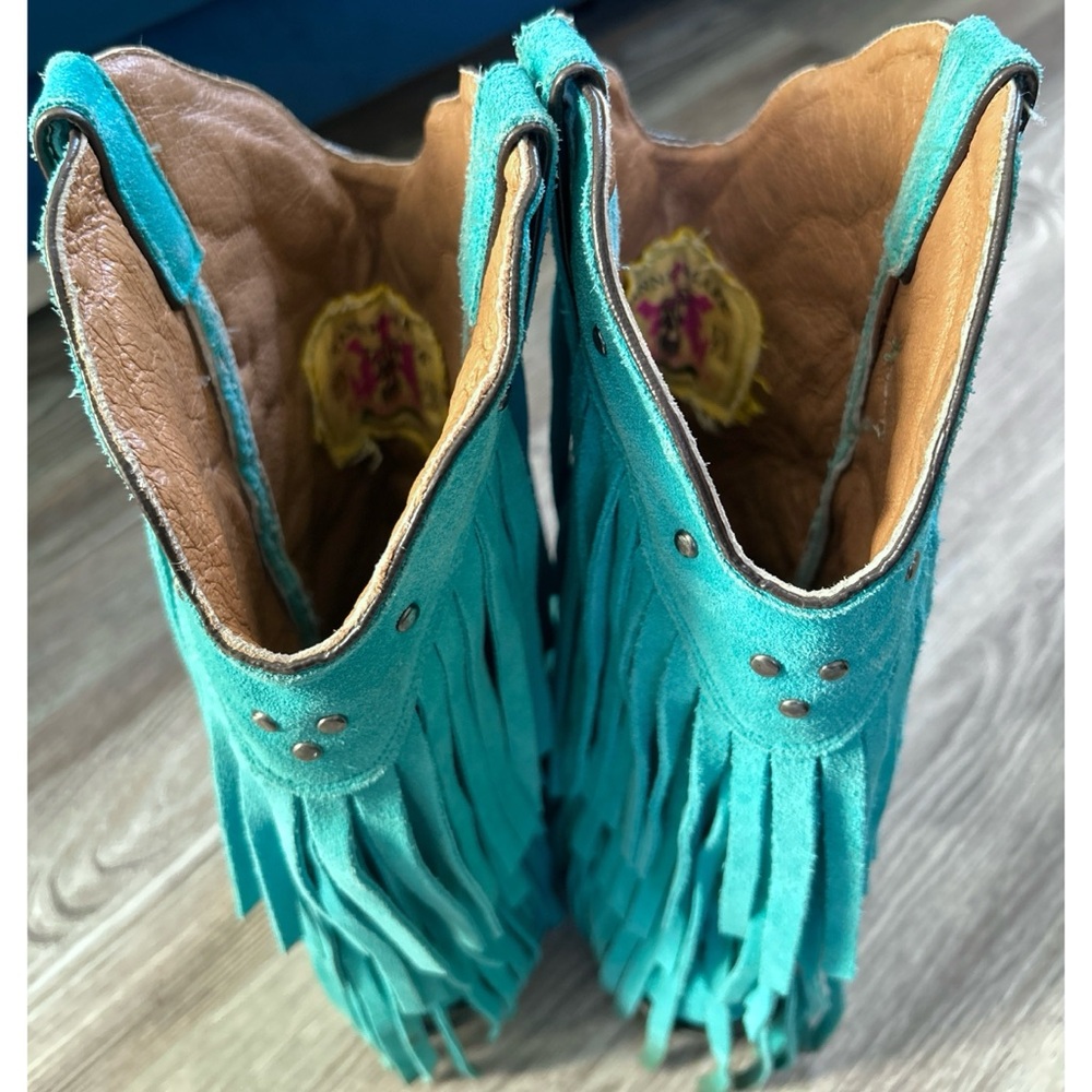 REAL Leather Tanner Mark Turquoise Fringe Cowgirl Boots sz 7 - Picture 7 of 8